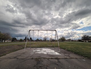 Empty metal swingset in a park under a dramatic cloudy sky, playground equipment with puddles after rain, suburban landscape with houses and trees, wide open green space, day scene.
