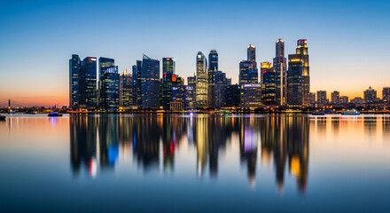 Obraz premium City skyline at dusk reflecting in water with illuminated buildings and a colorful sky background