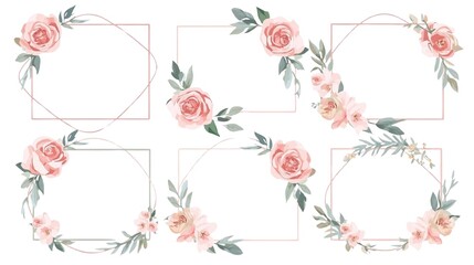 A beautiful set of six geometric rose gold frames adorned with delicate watercolor pink roses and foliage for invitations