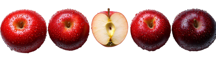 Closeup view of whole and halved red apples against transparent background