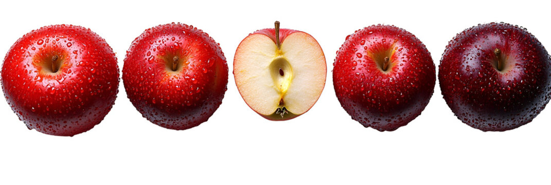 Closeup view of whole and halved red apples against transparent background