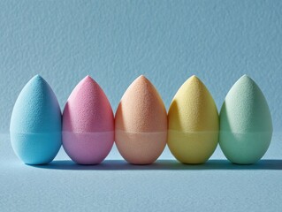 Five brightly colored makeup sponges, shaped like teardrops, arranged in a neat row against a light blue background, casting subtle shadows for a clean and simple beauty product display.