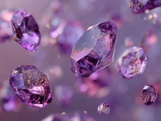 Floating Amethyst Gemstones on a Soft Lavender Background - Elegant Purple Crystals with Subtle Glitter in an Abstract, Dreamy Composition