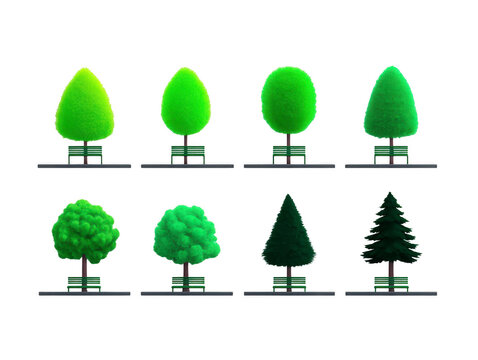Green tree models with benches in various shapes and styles, showcasing vibrant foliage and different textures, perfect for landscape design or urban planning projects
