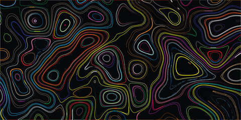 Abstract black background with colorful swirling contour lines and topographic map-like patterns, creating a vibrant and intricate organic design for graphic elements