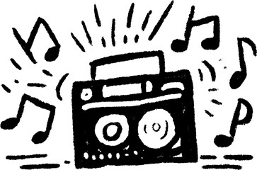 Boombox graphic illustration with musical notes. Black and white retro style vector design set for audio and entertainment themes.