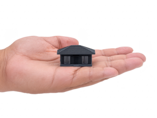 Miniature house hand palm small model real estate property architecture home holding isolated background concept ownership investment building design roof window shelter protection human adult