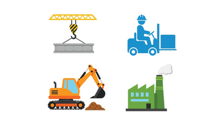 Construction site illustration featuring machinery a worker and factory building