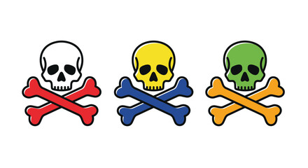 A colorful arrangement of three skulls and crossbones emblems displayed