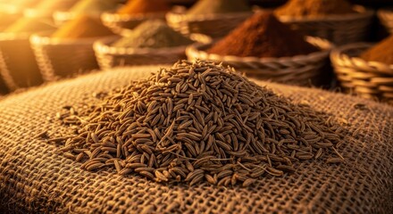 Close up of cumin seeds on burlap with various spices in baskets