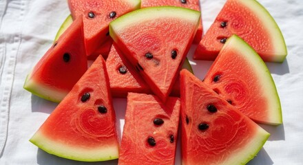 Close up of fresh watermelon slices arranged on a table