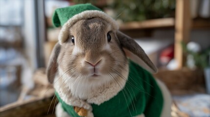 Pet rabbit wearing a miniature elf outfit matching the owner&rsquo;s elf costume, emotion of delight and whimsy visible, representing holiday role-play, festive clothing coordination, and cute seasonal