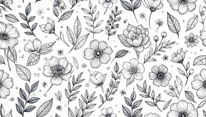A beautiful and intricate black and white floral pattern with various flowers and leaves.