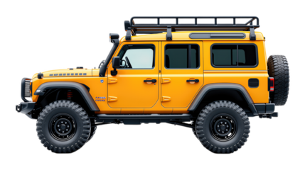 Yellow Off-Road SUV with Black Roof Rack, Glossy Finish, Side View on Transparent Background, Graphic Asset for Web Design