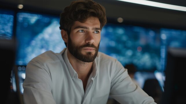 Engineer in an advanced mining command center surrounded by holographic maps and digital dashboards, emotion of strategic focus visible, symbolizing AI-assisted resource management, predictive - Powered by Adobe