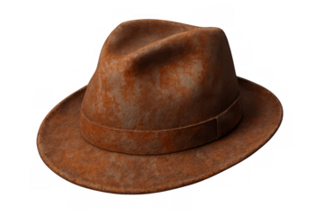 Vintage brown fedora hat. Rustic felt accessory for adventures and detective concepts on transparent background