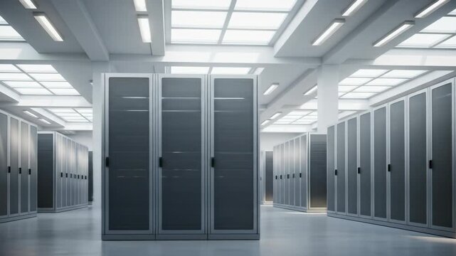 A data center with rows of server racks, lit by overhead lighting, and white walls