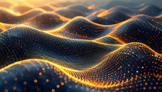 Abstract visualization of undulating waves composed of glowing golden particles against a dark background.