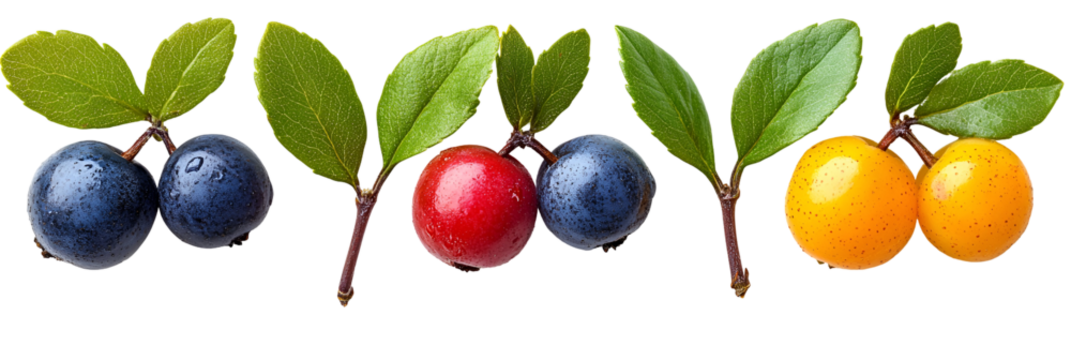Collection of colorful berries with green leaves