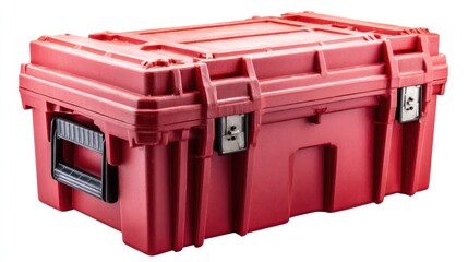 A sturdy, rectangular red toolbox with secure latches and a handle, designed for storage and transport of tools and equipment