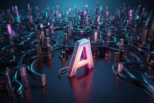Metallic letter A surrounded by abstract futuristic structures and glowing lights