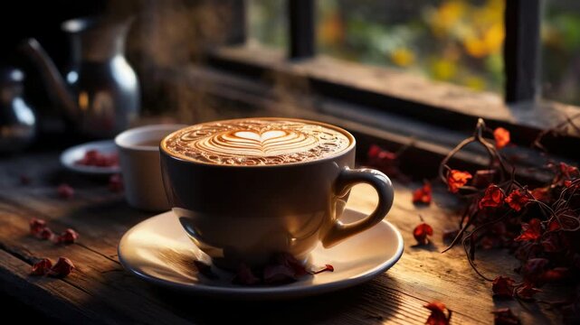 Beautiful latte art on table with flowers and natural light in cozy cafe during afternoon