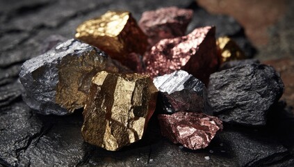 Fototapeta premium Cluster of diverse metallic ores on dark stone