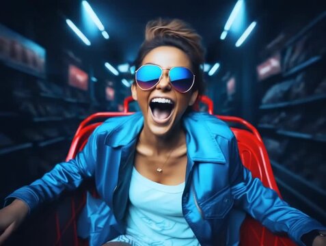 Excitement on a thrilling roller coaster ride at the amusement park at night with vibrant lights