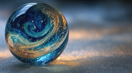 A glass sphere, swirling with cosmic patterns of blue and gold, rests on a bed of glittering light
