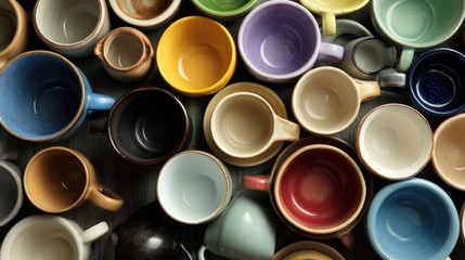 An overhead view of assorted mugs with differing colors and textures clustered together