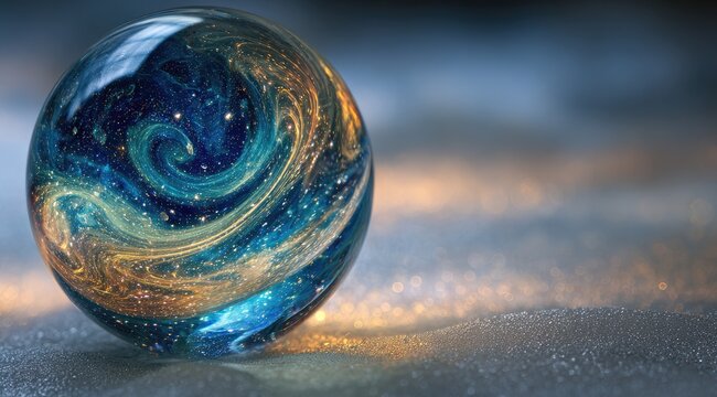 A glass sphere, swirling with cosmic patterns of blue and gold, rests on a bed of glittering light
