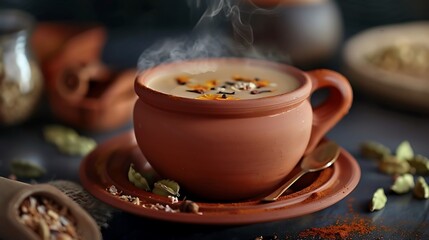 Fototapeta premium A steaming cup of chai in a terracotta cup with spices and a spoon on a dark surface close up view