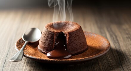 Steaming Chocolate Lava Cake with Molten Chocolate on a Rustic Plate
