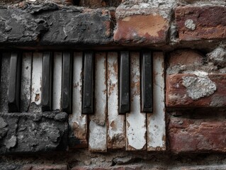 Textural interplay of fragmented piano keys set into a crumbling red brick wall, depicting an advanced state of decay and poignant visual narrative