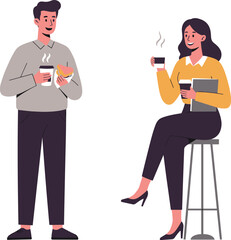 Casual coffee break, workplace snack, friendly interaction, hot beverage, office moment, relaxed setting, social communication, smiling coworkers, informal meeting, sandwich time