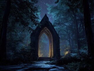 Ancient Stone Archway in Enchanted Forest Night Glowing Portal Entry Way Deep Woods