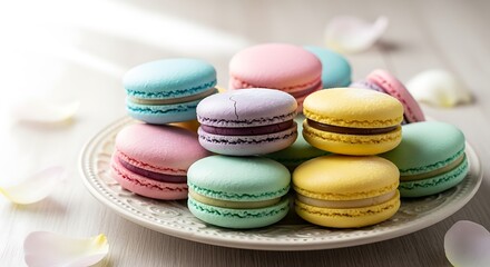 Obraz premium Colorful French Macarons Assortment on a White Plate.