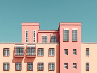 Architectural pastel building minimalist design vibrant colors flat roof geometric shapes clear sky modern structure serene urban landscape