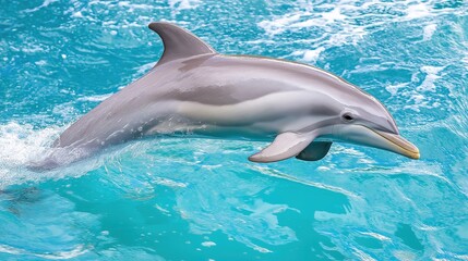 Naklejka premium cetacean. Dolphin leaping from turquoise ocean waters, dynamic marine life in motion. wildlife magazines, conservation campaigns, designed for nature documentaries and education.
