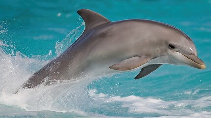 cetacean. Dolphin leaping from turquoise ocean waters, dynamic marine life in motion. wildlife magazines, conservation campaigns, designed for nature documentaries and education.