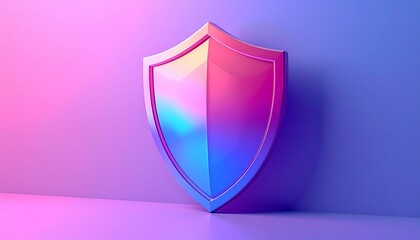 A holographic shield with a gradient of pink and blue light, casting a shadow on a plain background.