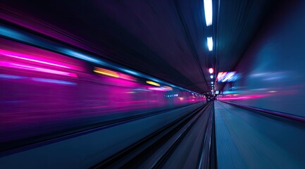 Night tunnel, blurred motion, vibrant neon lights. Fast-moving train or vehicle. Dark, futuristic, urban scene