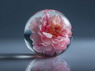 Clear Glass Sphere Encasing a Vibrant Pink Peony Bloom Reflecting on a Smooth Dark Surface, Elegant Floral Display in a Minimalist Setting