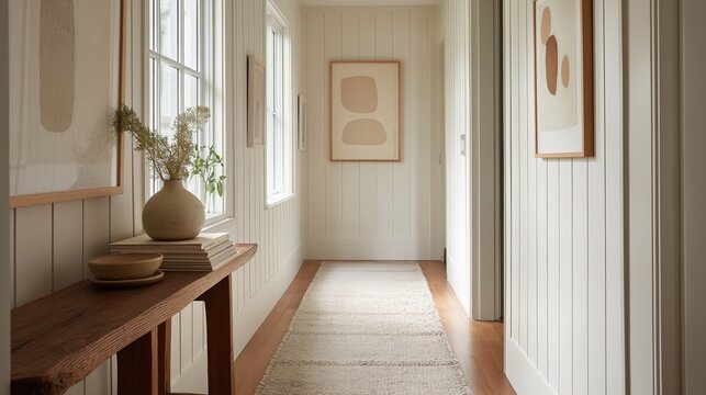 Long hallway with white walls and wooden flooring. on the left side of the hallway, there is a wooden console table with a vase of greenery and a stack of books on top.