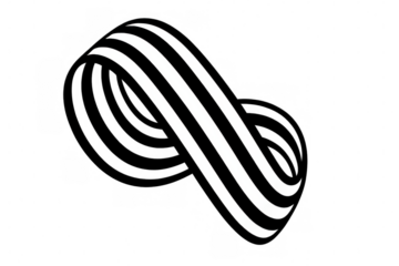 Abstract black and white striped ribbon forming an infinity loop shape, creating a dynamic graphic design element with flowing lines
