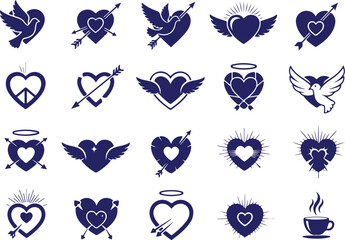 Vector art of set of blue heart and dove symbols with arrows and halos