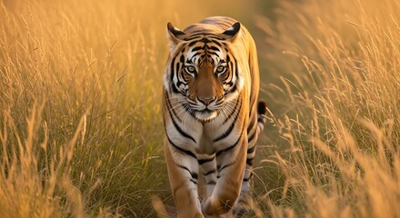 Fototapeta premium Majestic tiger walking through tall golden grass, staring directly at the viewer.