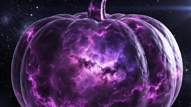 Ethereal pumpkin glowing with cosmic nebula patterns against a starry night sky.