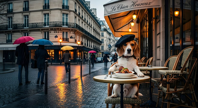 Beagle Wearing Beret at Cafe Table in Rainy City