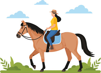 Woman Riding Horse in Nature Landscape &ndash; Flat Vector Illustration